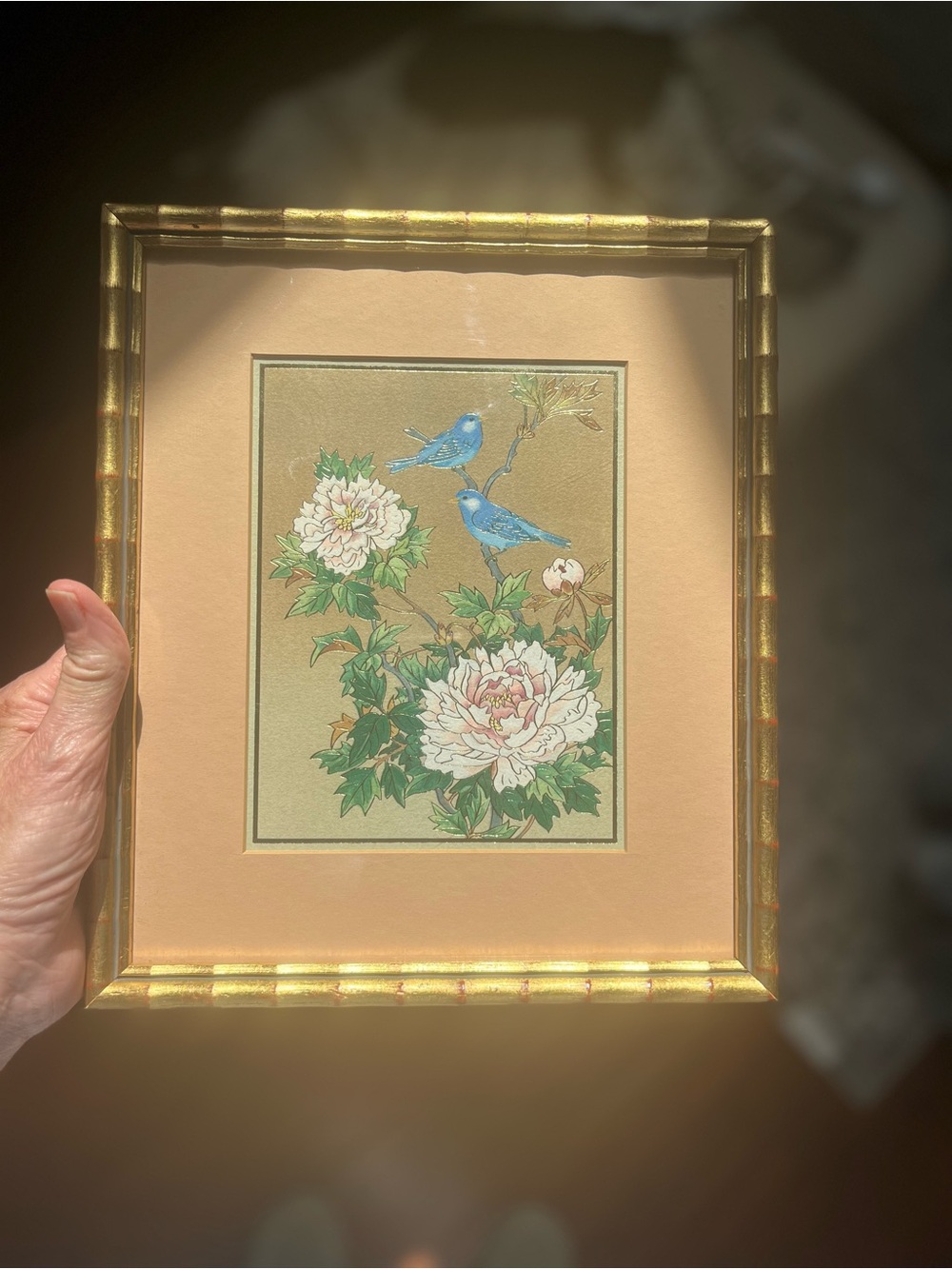 Framed Floral & Bluebird Print in Gold Faux Bamboo Frame